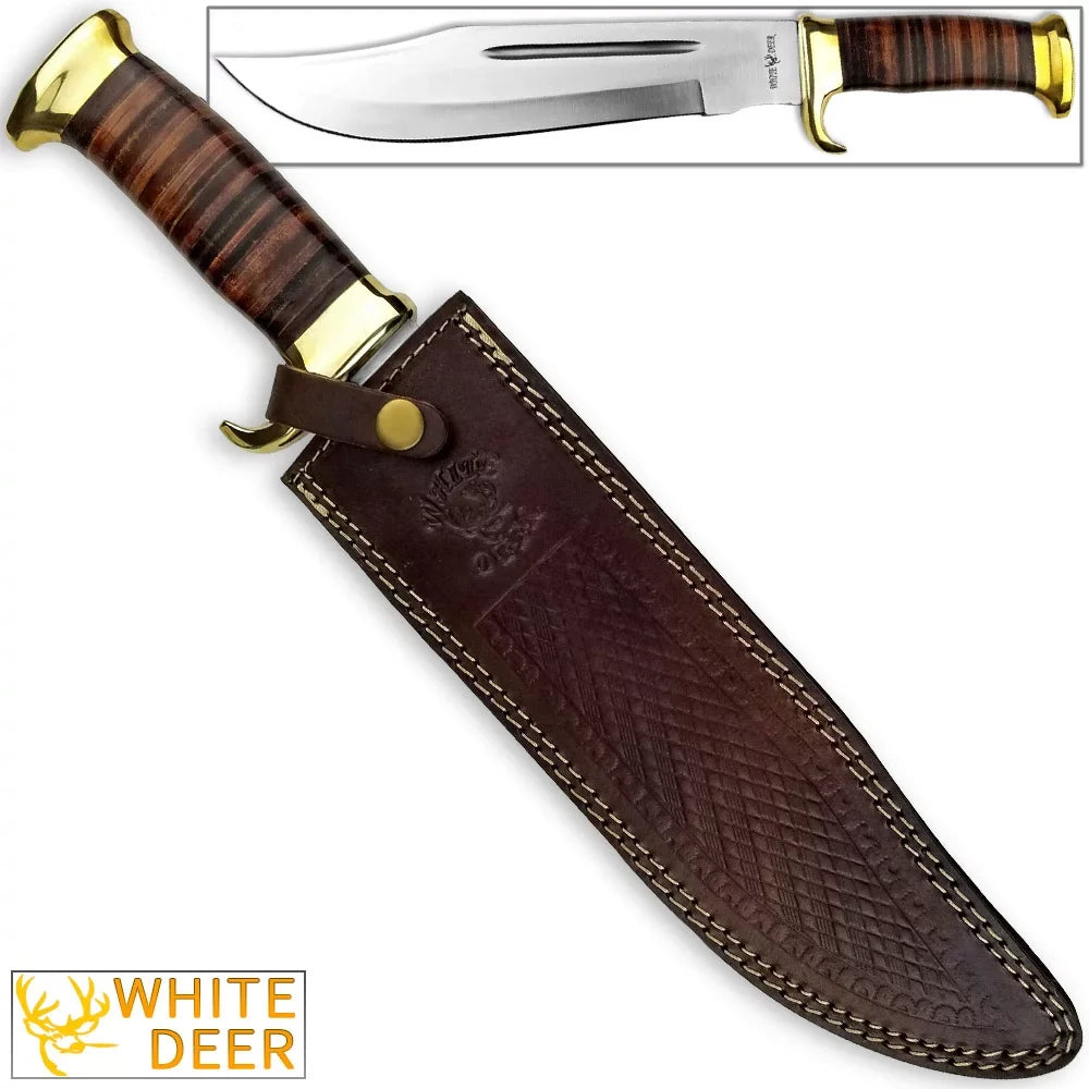 Outback DEER Handle Bowie High Carbon Knife Steel Leather WHITE American w MAGNUM Stainless