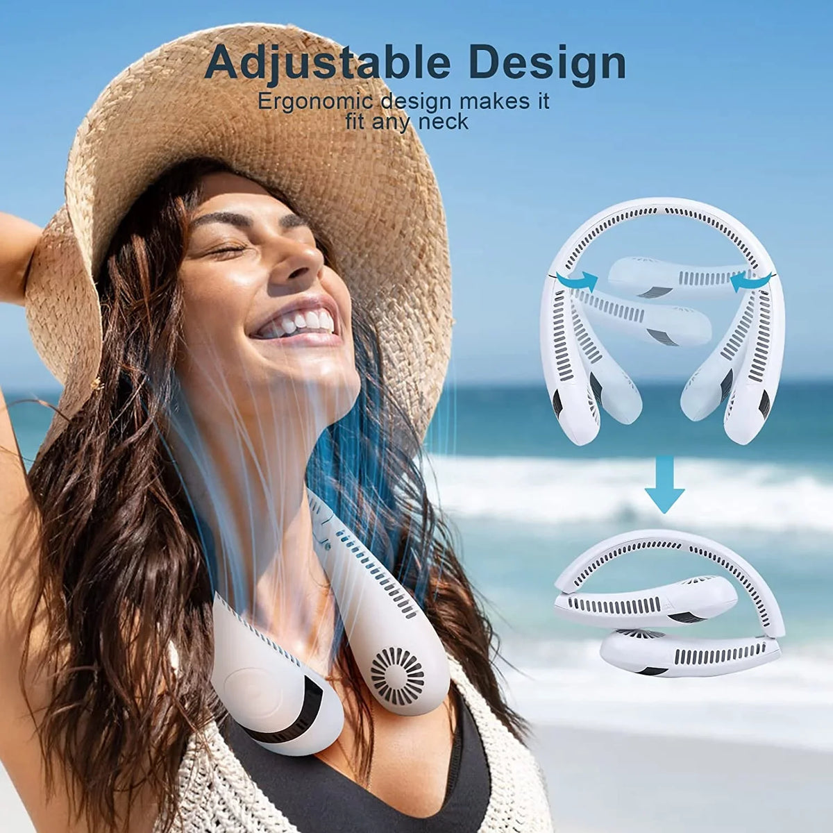 Perfect Neck Outdoor Portable Free Wearable Rechargeable Fan Degrees Personal Foldable Fan Travel (White) Speeds, 5000 for Fan, Cooler Airflow Sport mAh Fan Bladeless Fan 360 Hands 3 Morttic USB