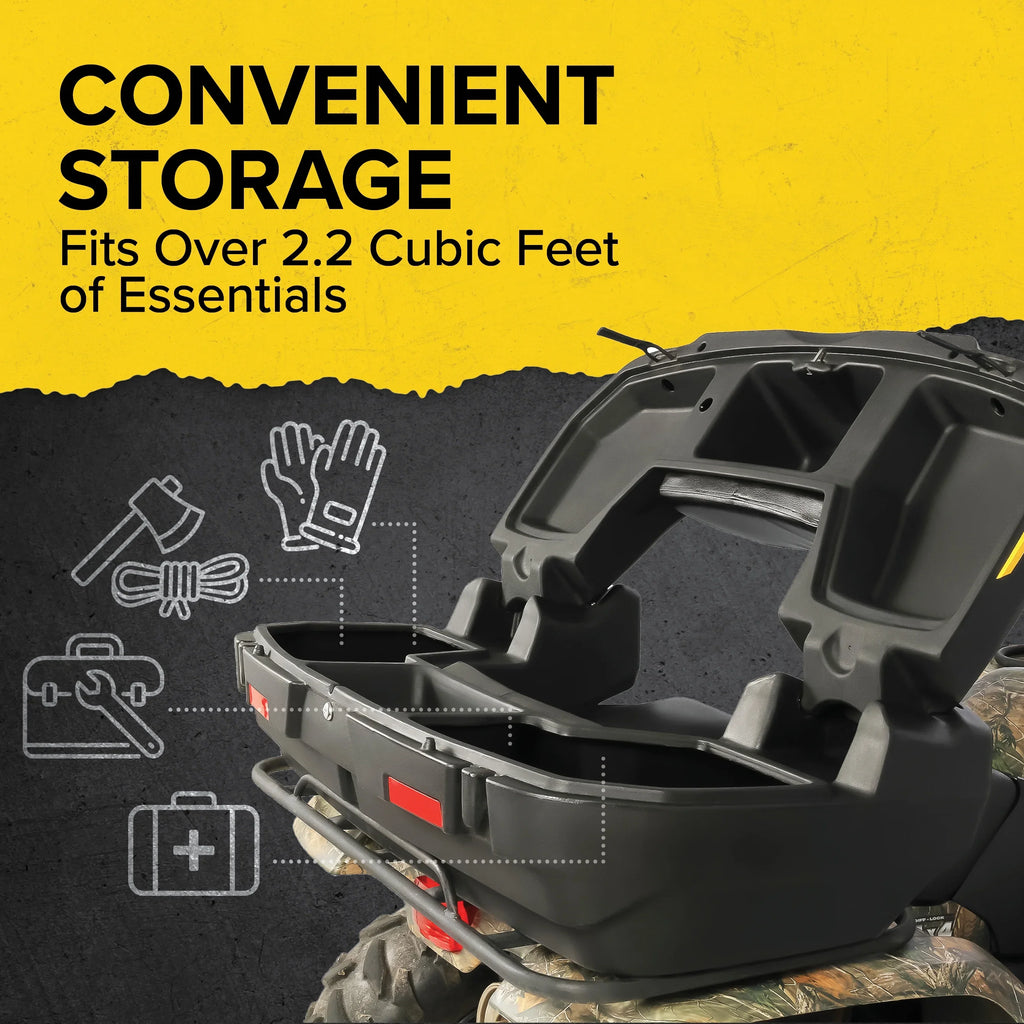 Box, a Impact-Resistant Features Lockable Design, an Cushion Black Lounger | and Storage (66010) Water-Resistant and Boar Camco ATV/UTV Storage Rear Comfortable Seat Soft Box a