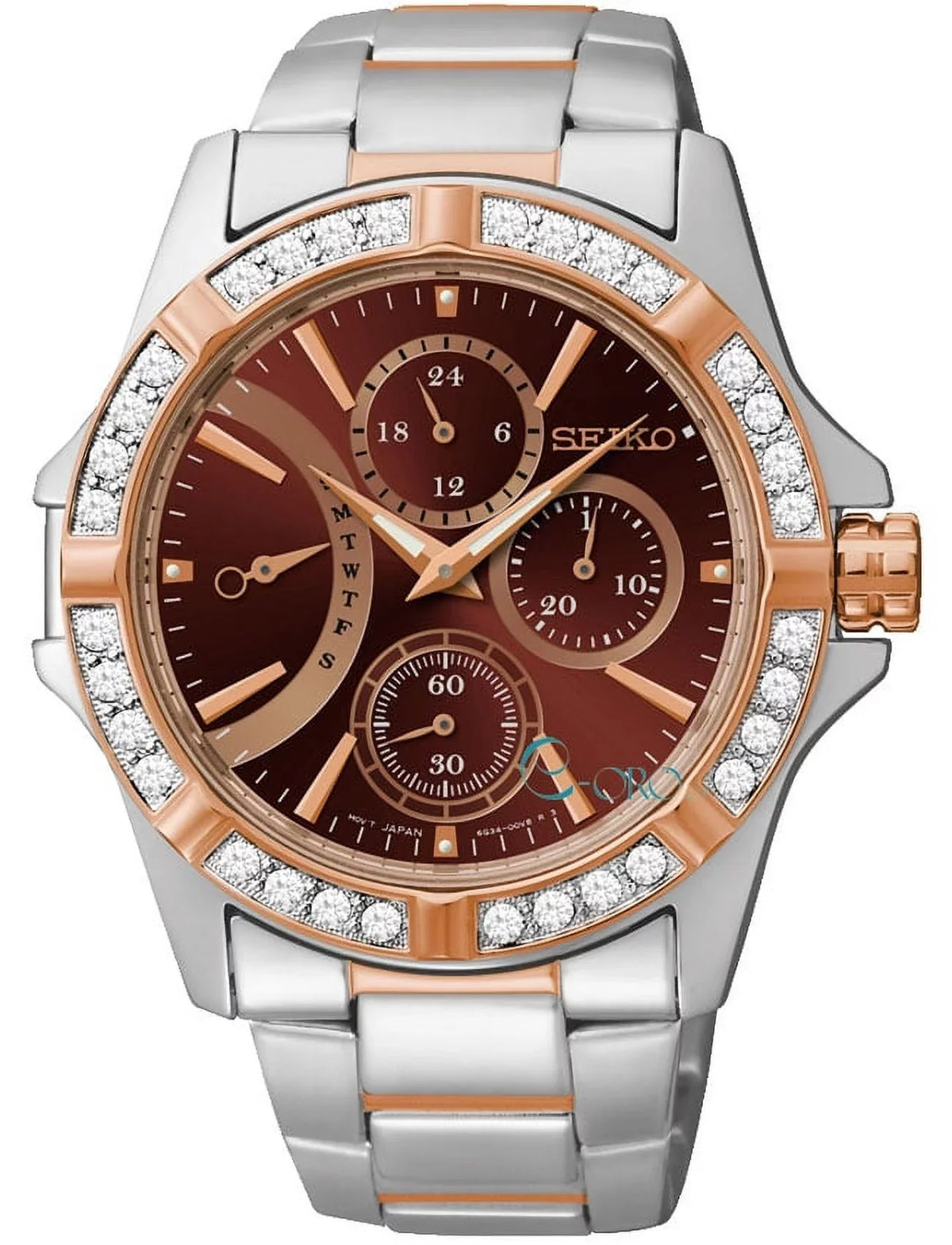 Steel Crystal Stainless Bezel Swarovski Fixed Women's Lord Watch Two-Toned Seiko