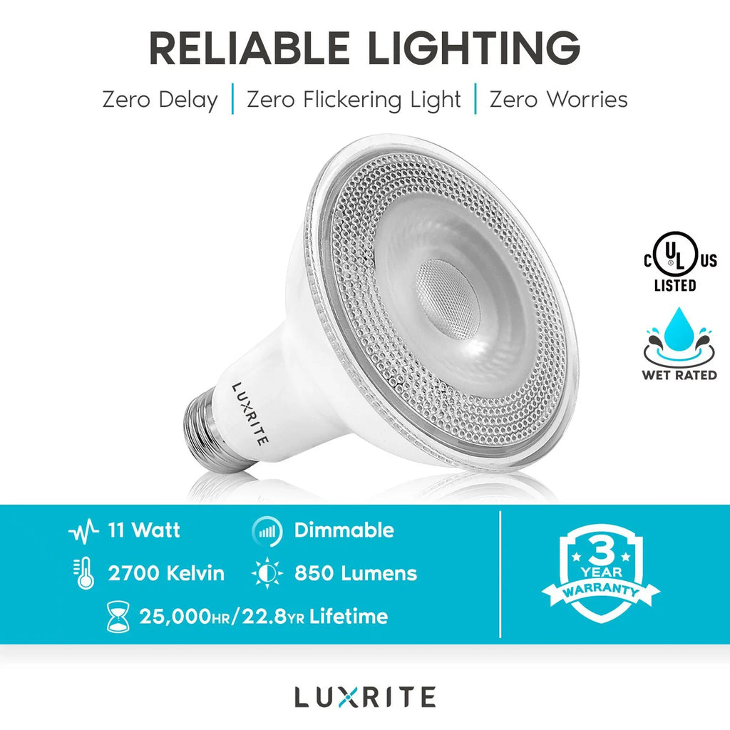 Listed Warm Flood LED Rated Light PAR30 UL 11W White 2700K E26 Wet Base Luxrite 850 Lumens 12-Pack Dimmable Bulb