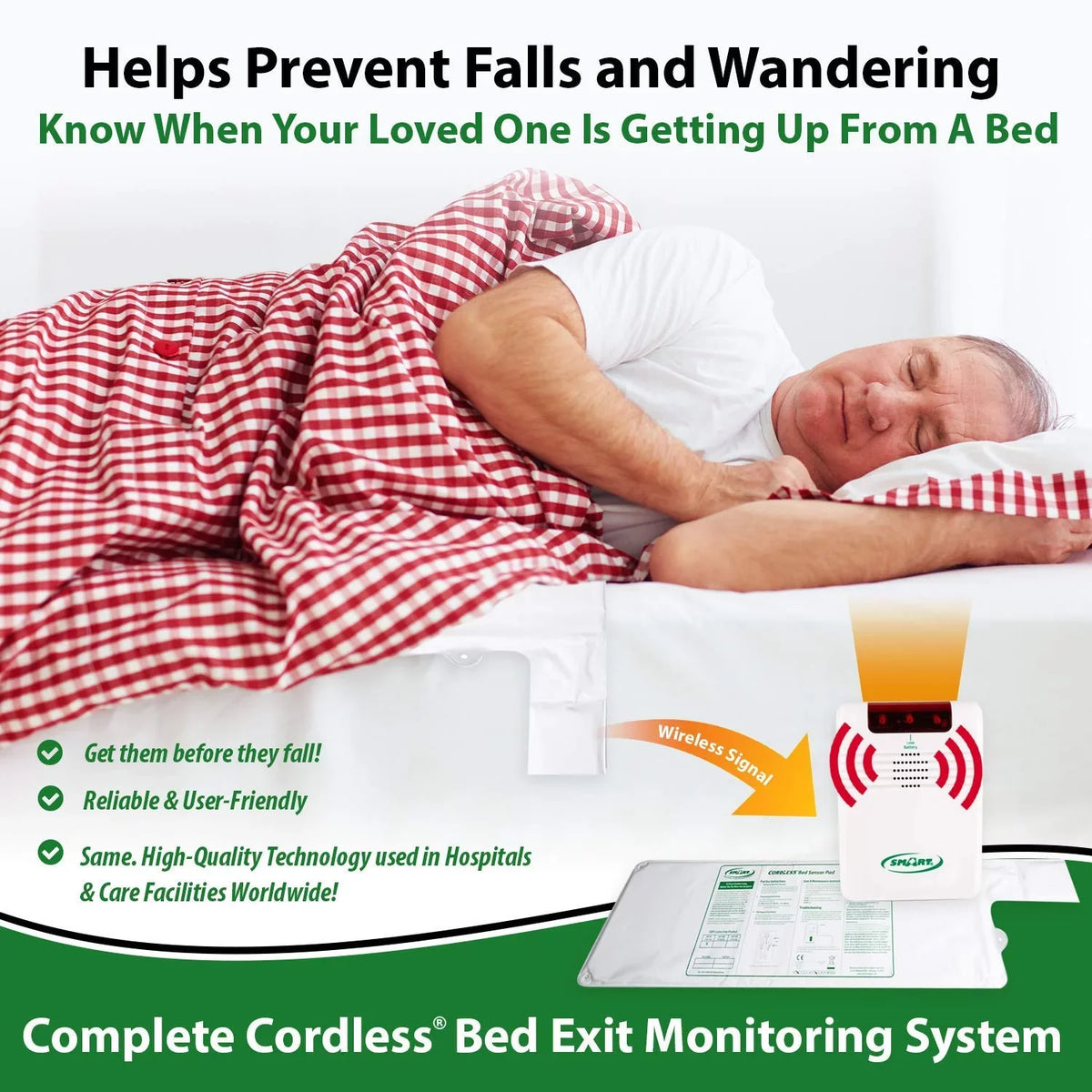 Exit Sensing Pad Monitoring While Falls 2 Piece System and Cordless Smart Caregiver Wandering Prevent Bed - Unattended, with Set Pressure Bed Help Alarm