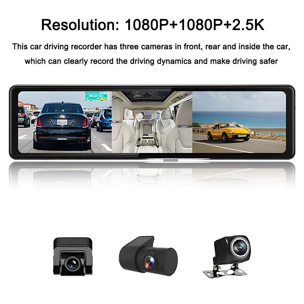BT Recording Cameras, 2.5K Video 12in Cam: the Touchscreen, Moment Mirror Capture Connectivity, 3 - Auto Driving on Rearview - Clear Every Dash Road Recorder