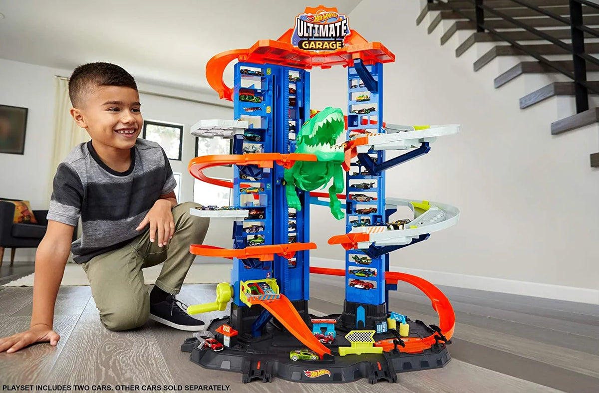 Toy 2 Garage 100+ Multi-Level Ultimate Scale 3 Kids Moving Track Features Storage City & Older T-Rex Set Dino Years Gift with Vehicles, Hot 1:64 Playset & for Garage Wheels Racetrack, Cars, for Toy