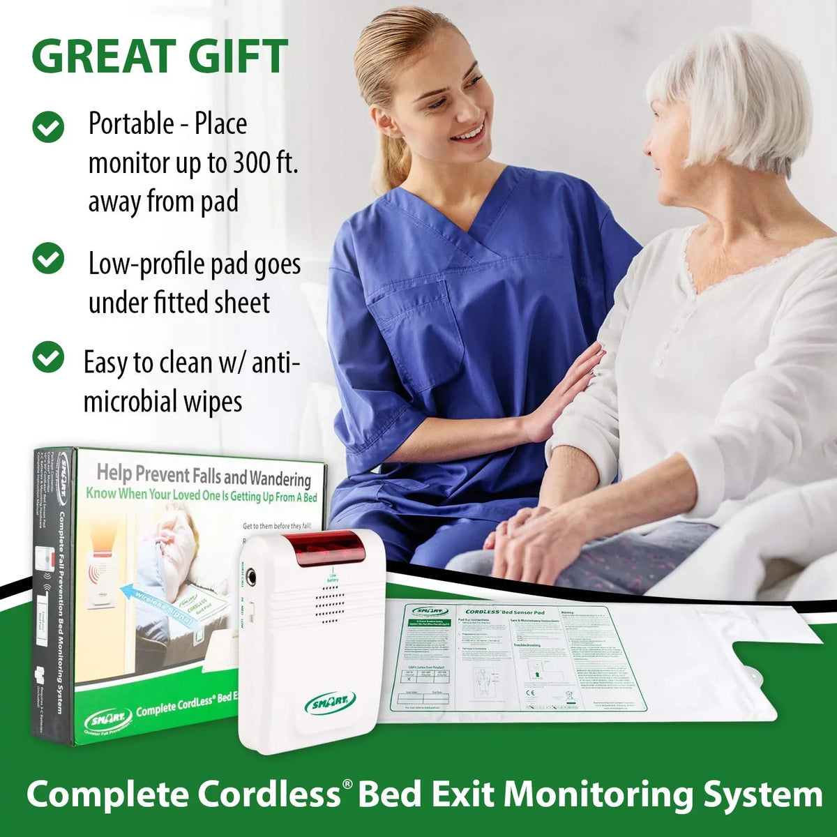 Exit Sensing Pad Monitoring While Falls 2 Piece System and Cordless Smart Caregiver Wandering Prevent Bed - Unattended, with Set Pressure Bed Help Alarm