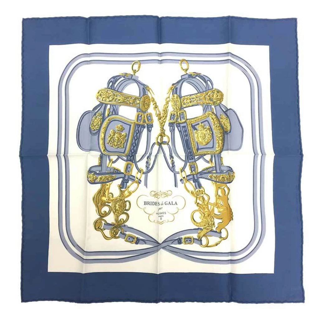 White (Like 45 GALA bridle) New) Scarf Hermes Carre Muffler (ceremonial de Silk HERMES Pre-Owned 100% BRIDES Blue x