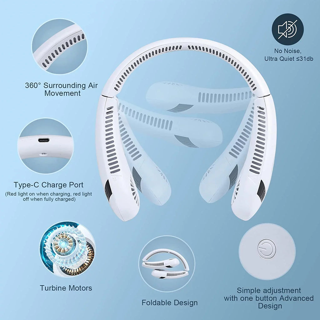 Perfect Neck Outdoor Portable Free Wearable Rechargeable Fan Degrees Personal Foldable Fan Travel (White) Speeds, 5000 for Fan, Cooler Airflow Sport mAh Fan Bladeless Fan 360 Hands 3 Morttic USB