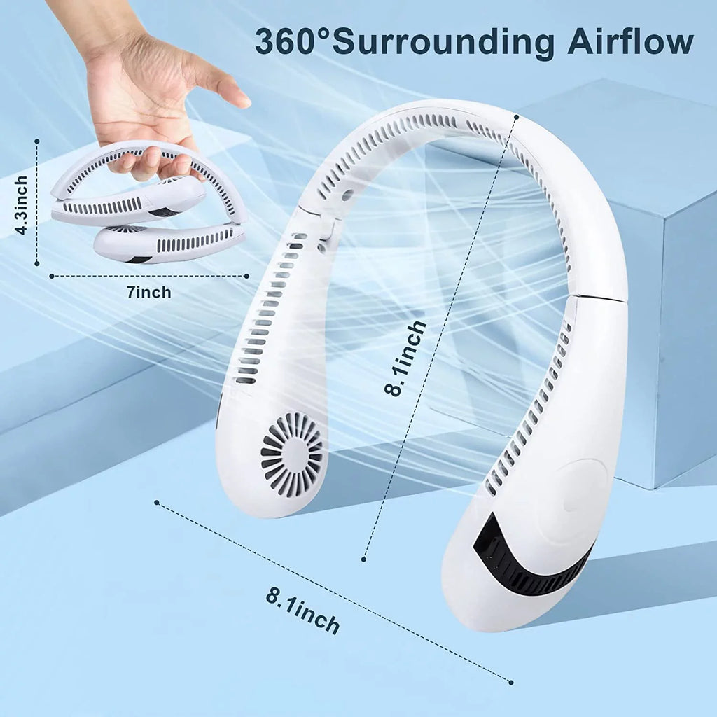 Perfect Neck Outdoor Portable Free Wearable Rechargeable Fan Degrees Personal Foldable Fan Travel (White) Speeds, 5000 for Fan, Cooler Airflow Sport mAh Fan Bladeless Fan 360 Hands 3 Morttic USB