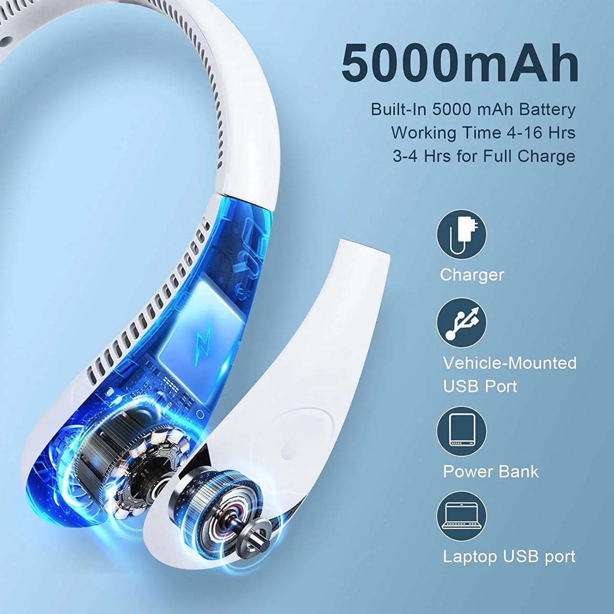 Perfect Neck Outdoor Portable Free Wearable Rechargeable Fan Degrees Personal Foldable Fan Travel (White) Speeds, 5000 for Fan, Cooler Airflow Sport mAh Fan Bladeless Fan 360 Hands 3 Morttic USB
