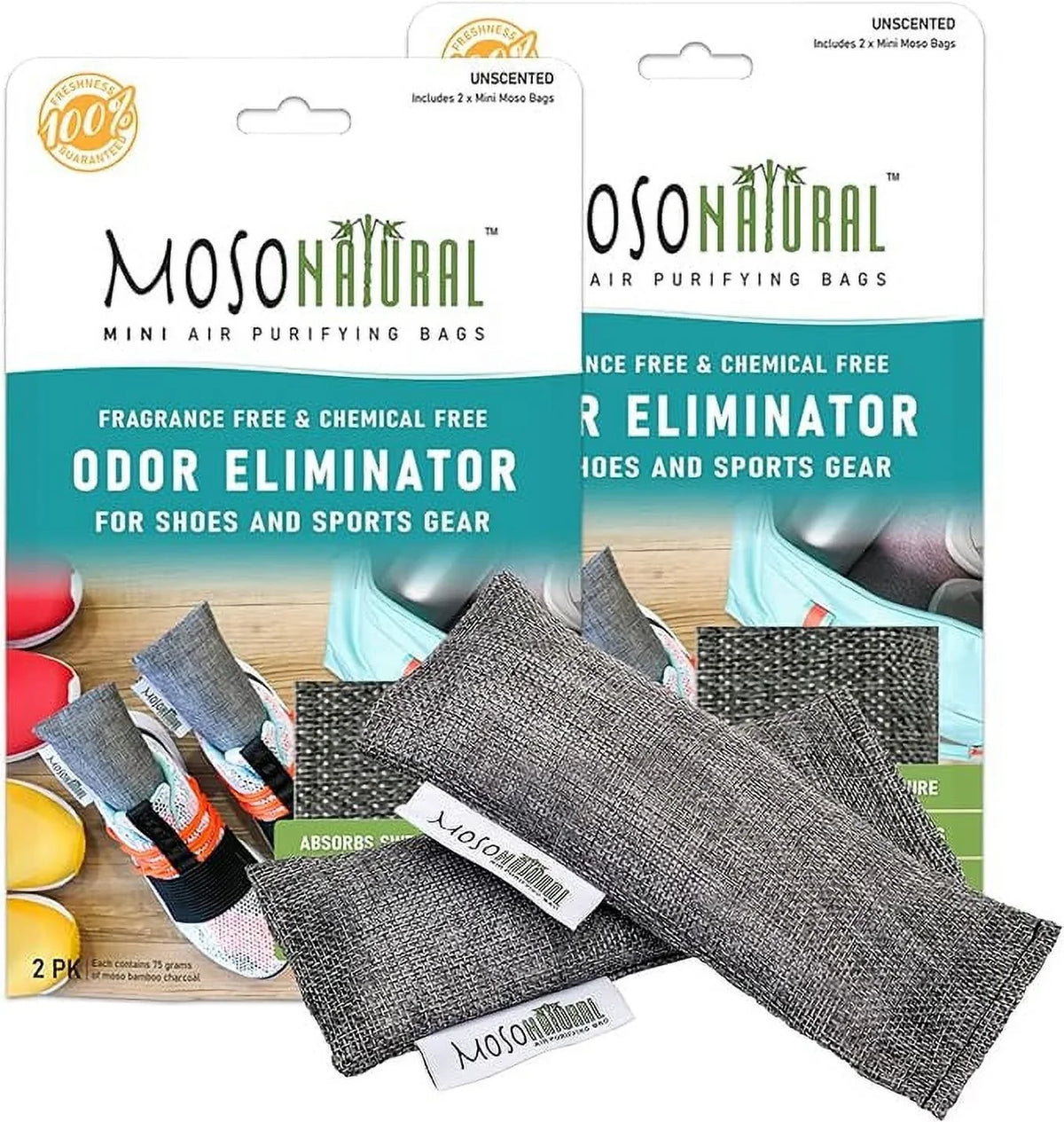 Gear. Odor Two Packs A Purifying Bags. Scent 75g Odor Premium Moso Bags Bamboo 2 of Moso Free Lifespan! Shoes, Air Gym for Sports Eliminator Absorber. (Two Charcoal Natural and Year Mini Bags)