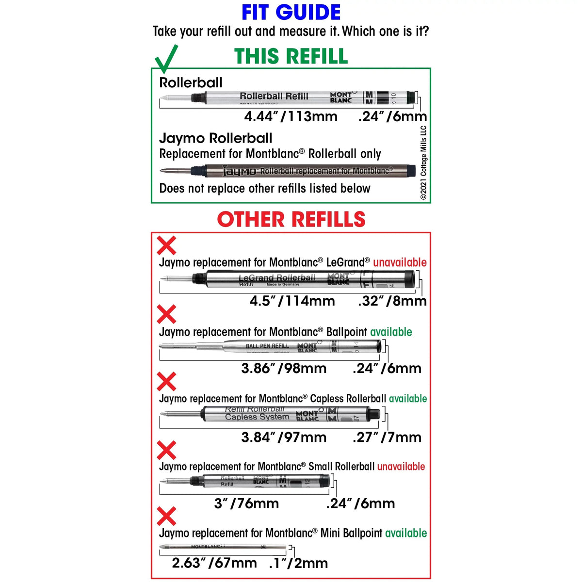 Replacement for 4.44 Black Measures 24 / Jaymo Refill Pen - Long in - 113 mm Rollerball 105158 - Montblanc